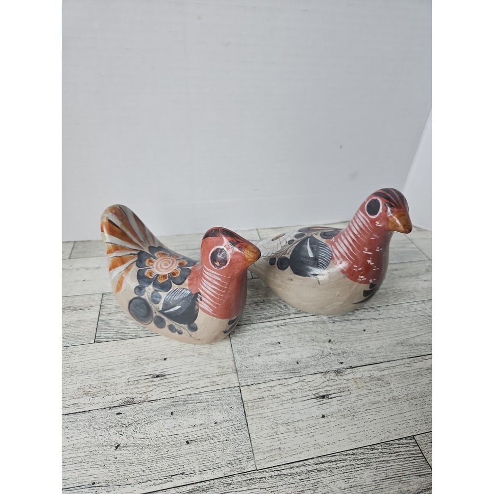 Tonala Mexican Bird Figurine Vintage Hand Painted Folk Art Pottery Set of 2 MEX
